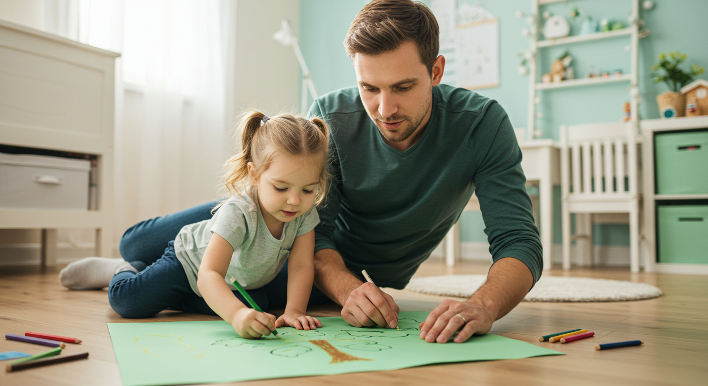 Отец с дочерью рисуют на пастельно-зеленой бумаге в детской комнате с нейтральными тонами