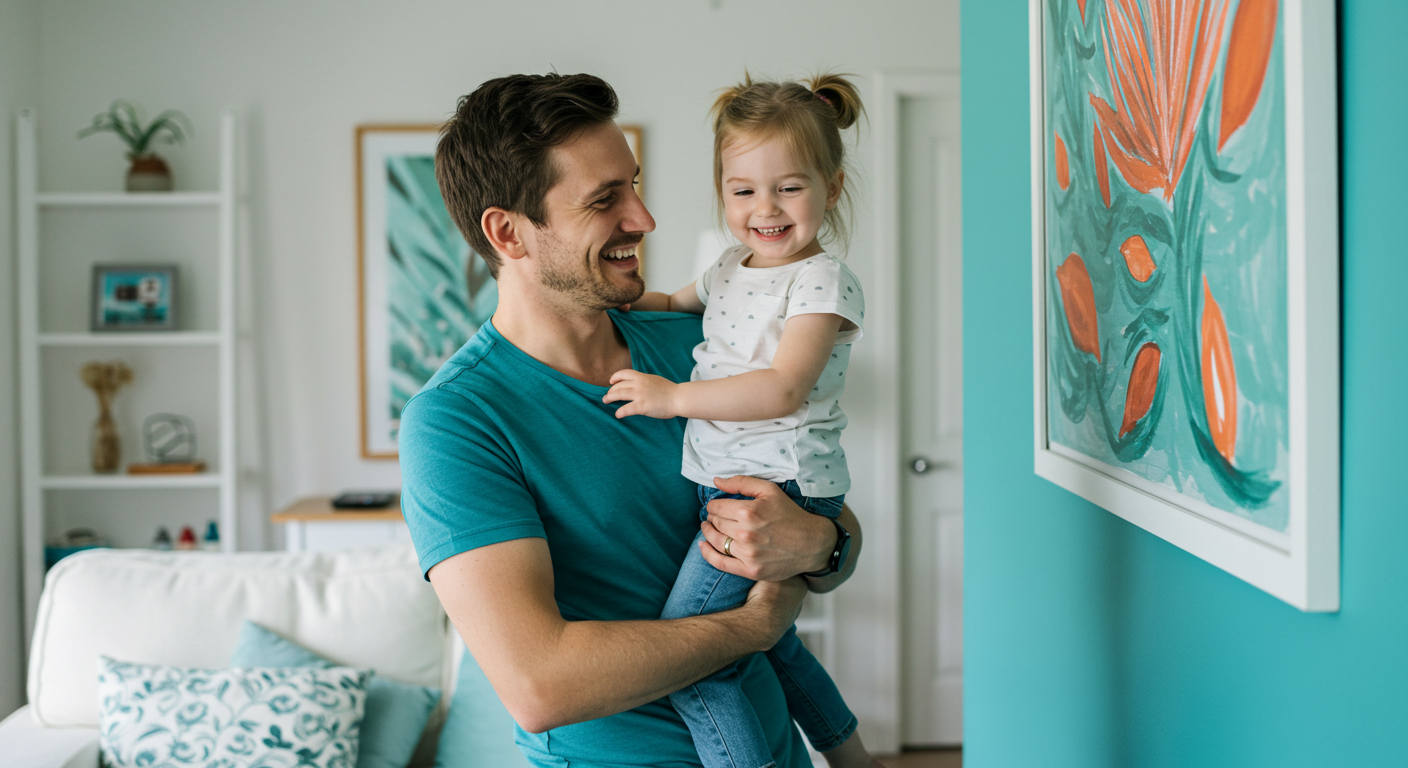 Отец с дочерью смеются рядом с бирюзовыми акцентами в гостиной