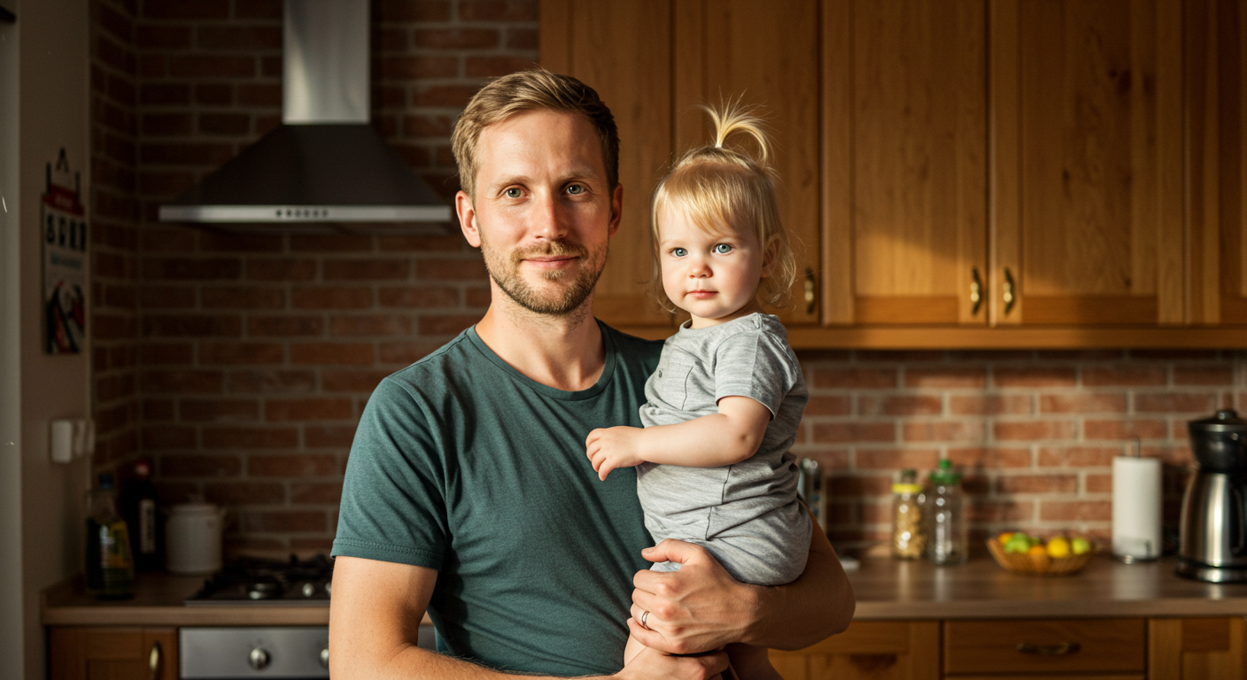 Отец с дочкой у красной кирпичной стены в современной кухне