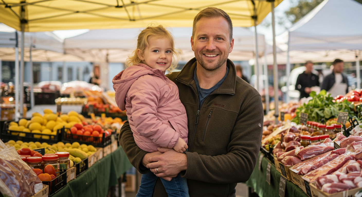 Отец с дочкой выбирает мясо и специи на фермерском рынке