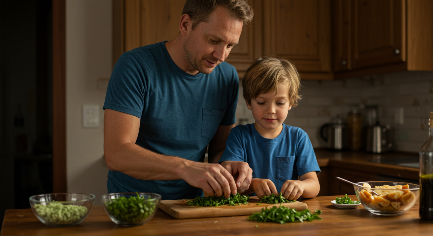 Отец с сыном готовят начинку для рулета из сала на кухонном острове