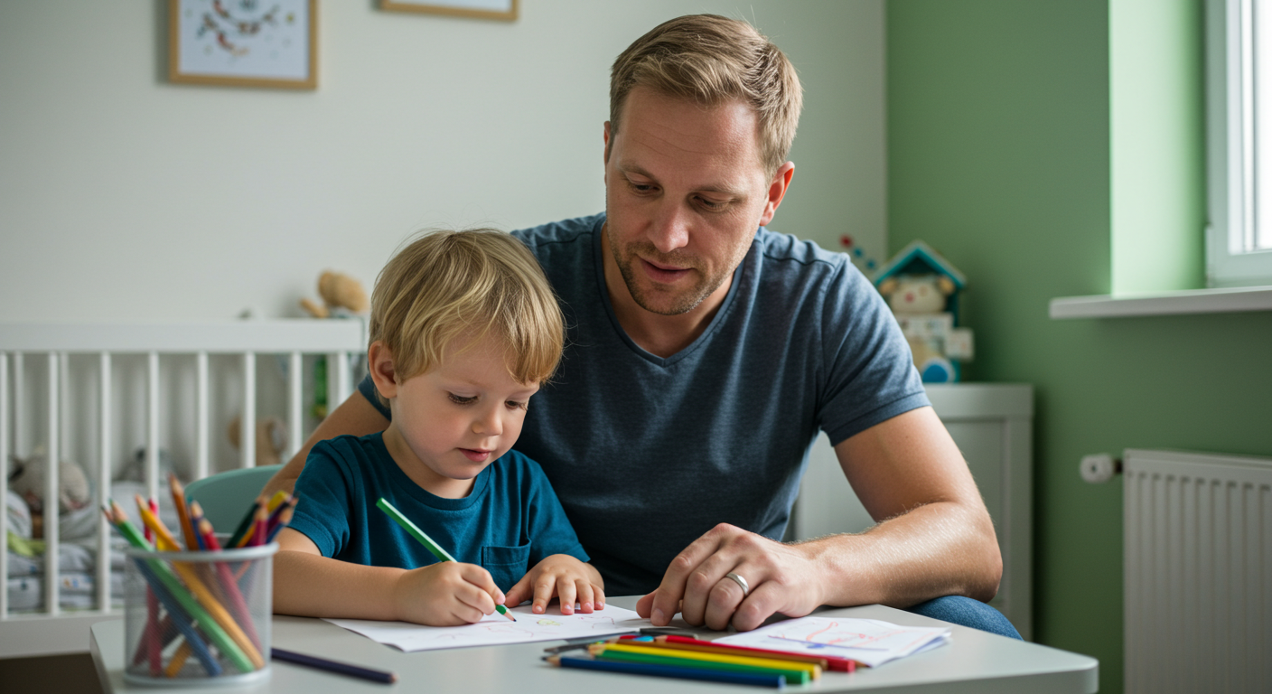 Отец с сыном рисуют на столе в детской с зелеными стенами