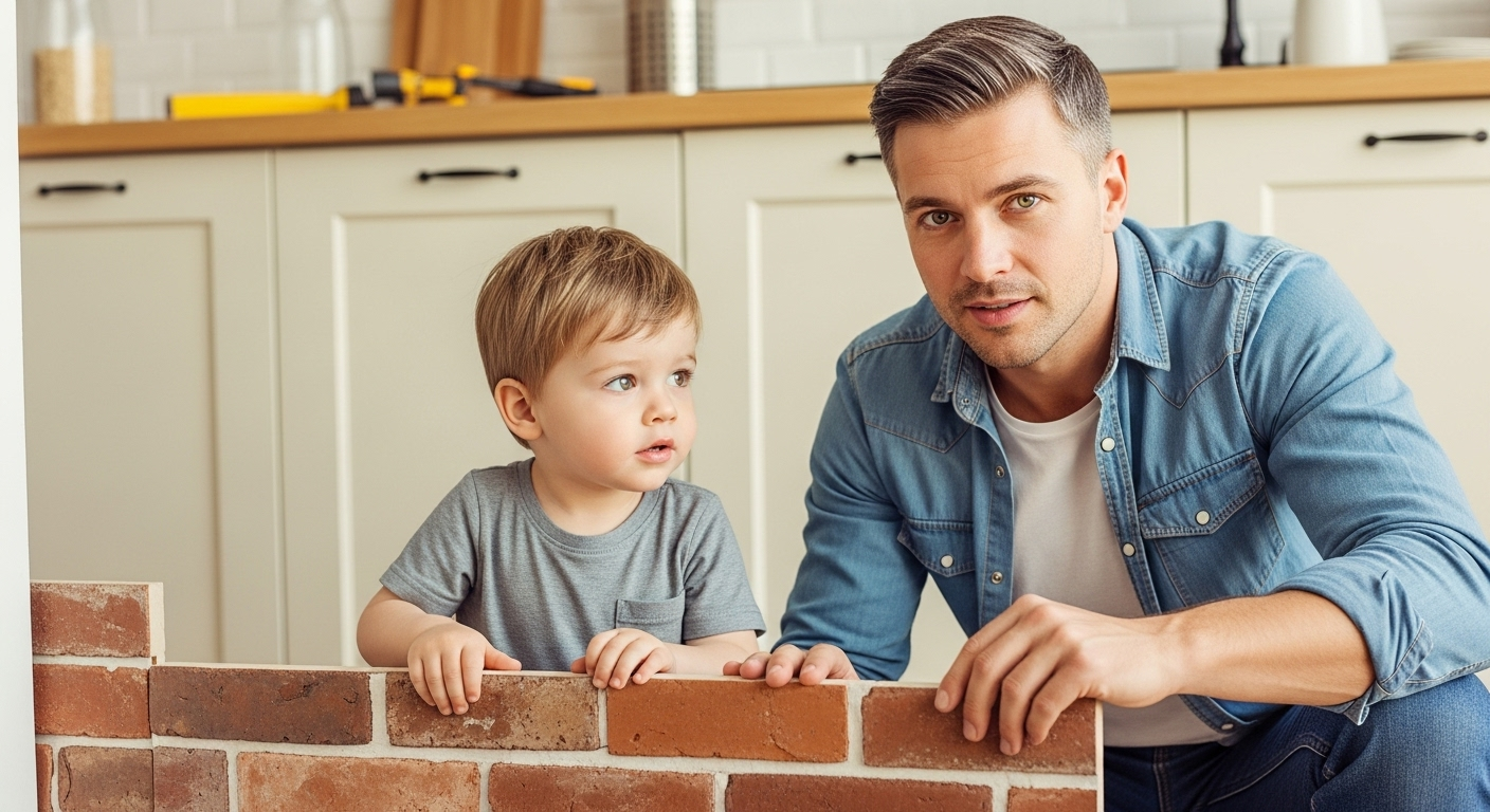 Отец собирает панели под кирпич с сыном в современном светлом кухонном интерьере