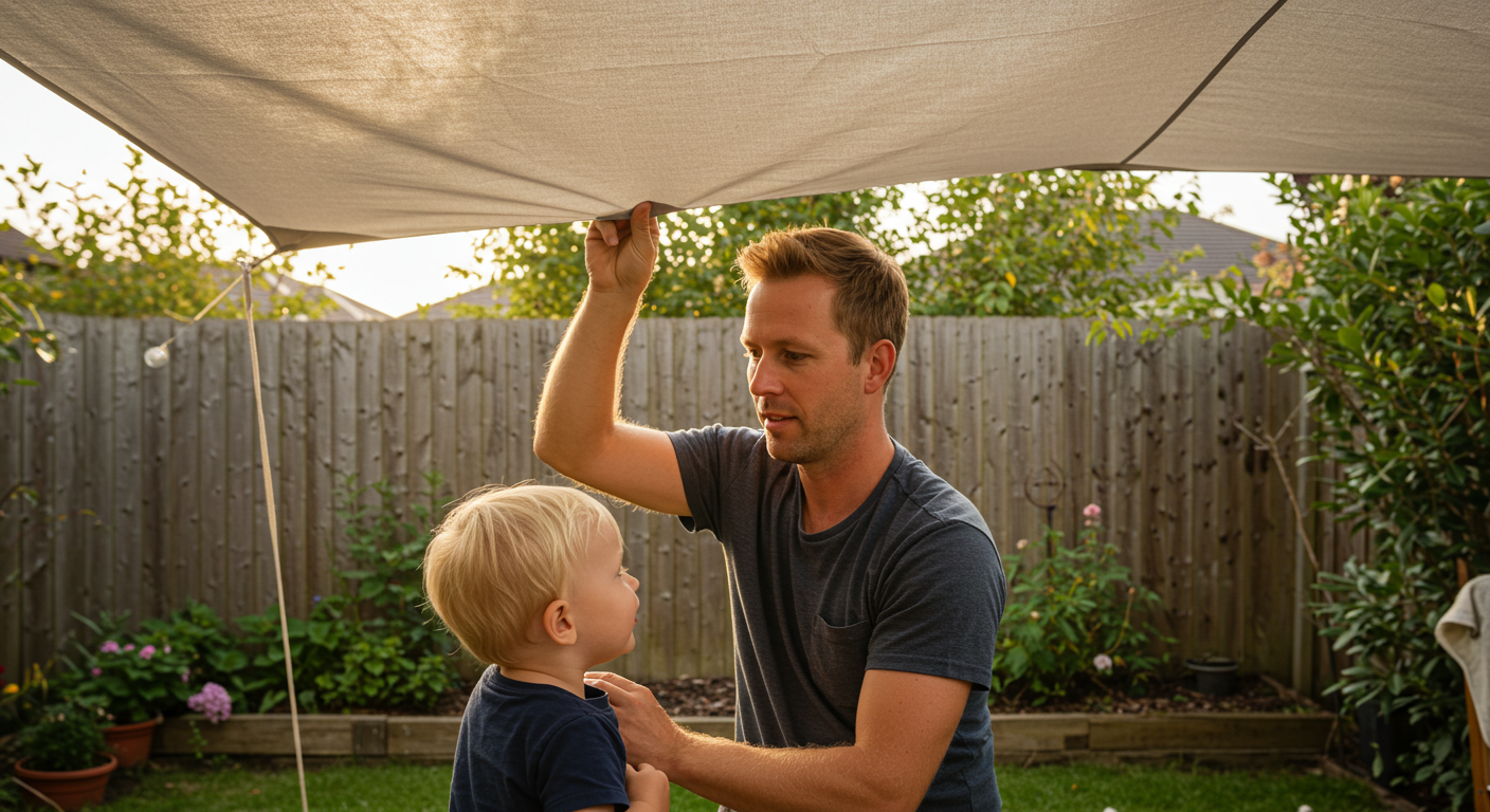 Отец устанавливает навес над игровой зоной во дворе с дочерью рядом