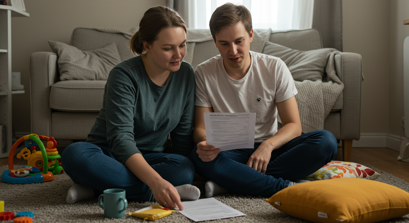 Пара проверяет список продуктов с дочкой рядом на полу