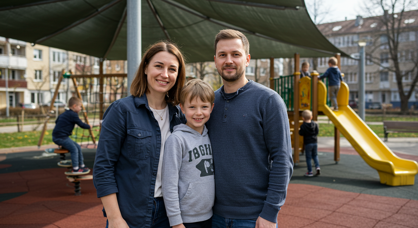 Пара смотрит за детьми, играющими на безопасной детской площадке под навесом