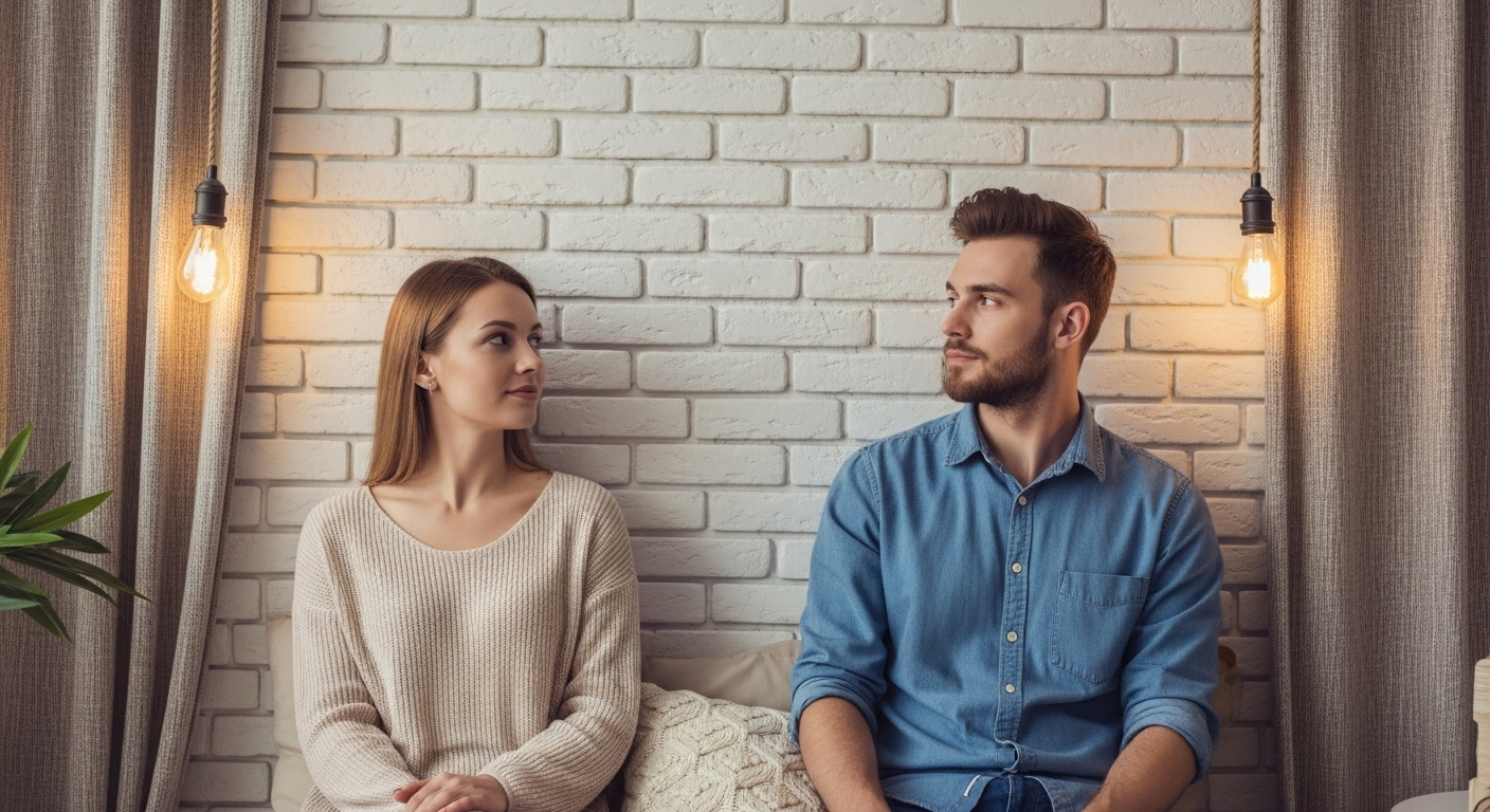 Пара стоит у белой кирпичной стены в спальне, гордясь своим уютным интерьером