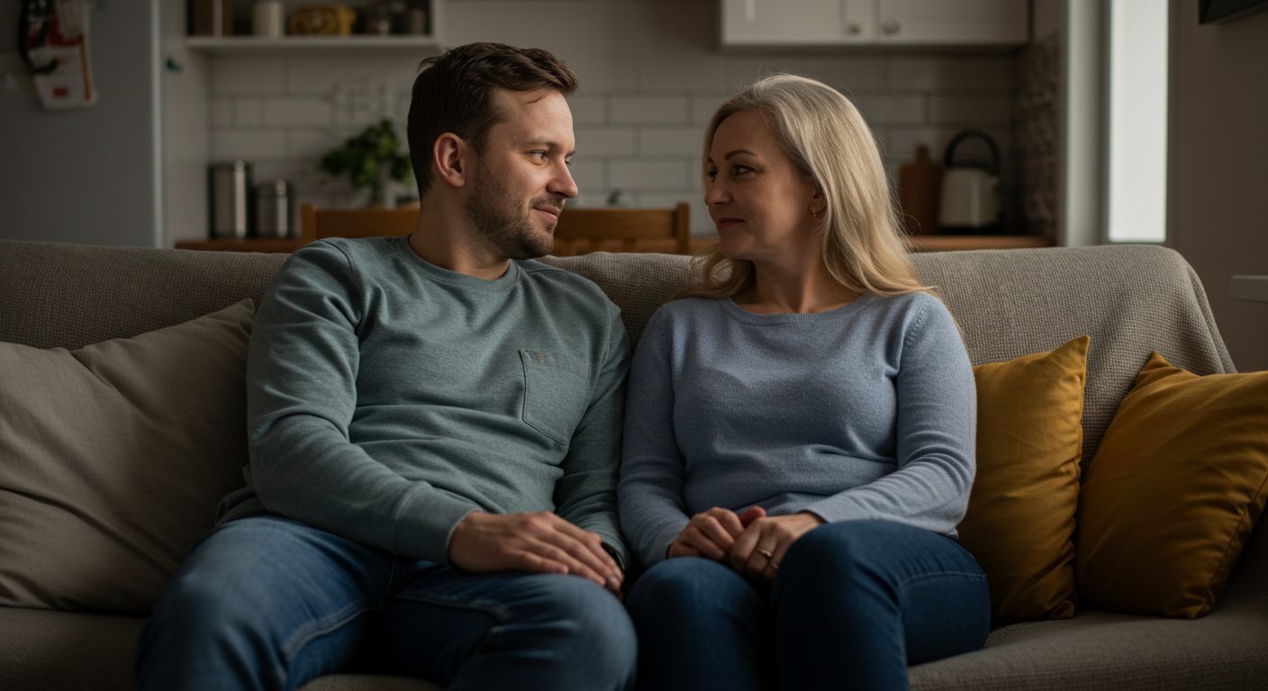 Родители обсуждают важные вопросы на диване в уютной кухне