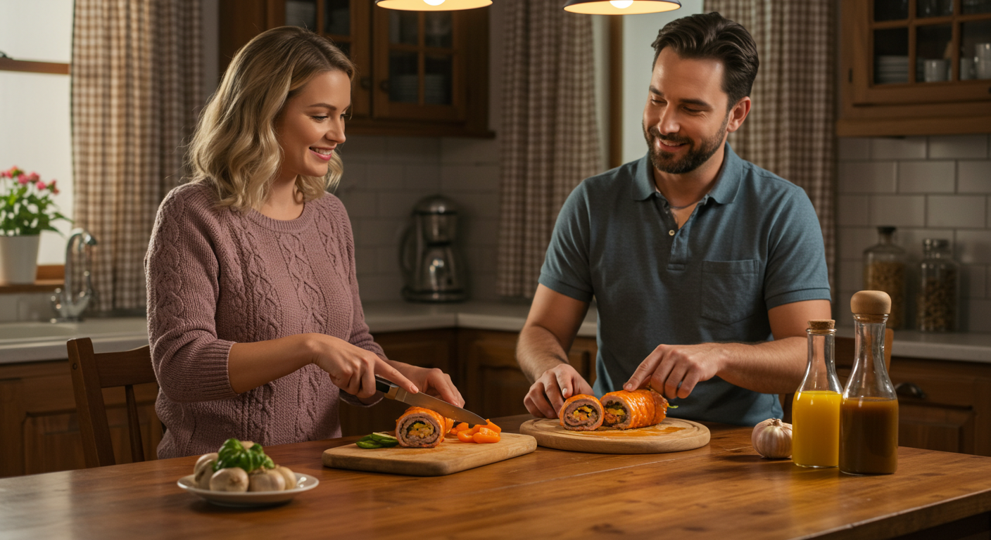 Семья готовит мясной рулет с овощами на семейном ужине