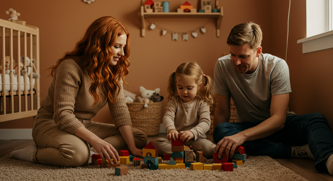 Семья играет с конструкторами на ковре в nursery с терракотовыми стенами