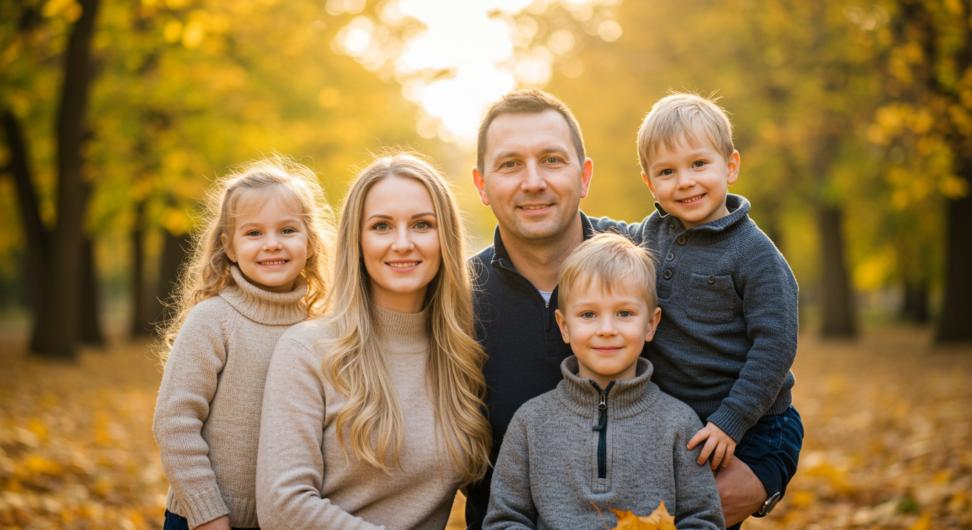 Семья из четырех человек гуляет в парке, укрепляя семейные отношения