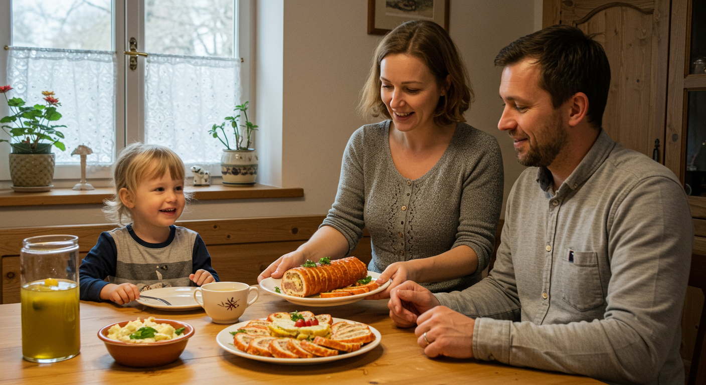 Семья из четырех человек наслаждается нарезками рулета из сала со шкуркой
