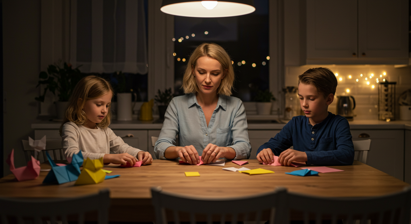 Семья из четырех человек вместе делает оригами котов на кухне