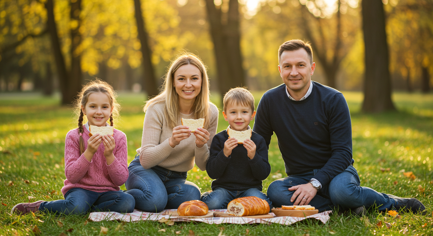 Семья наслаждается бутербродами с рулетом из сала на пикнике в парке