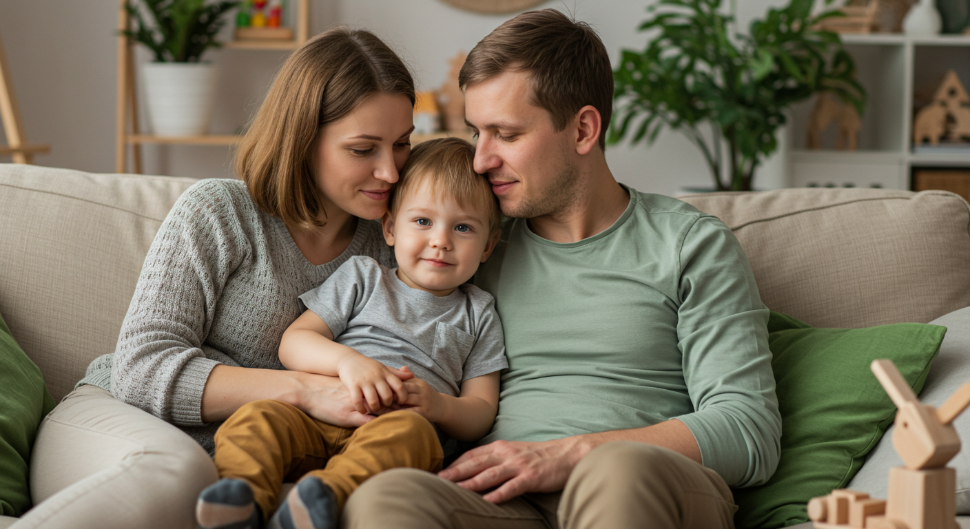 Семья обнимается на бежевом диване, окруженные салатовыми и белыми акцентами интерьера