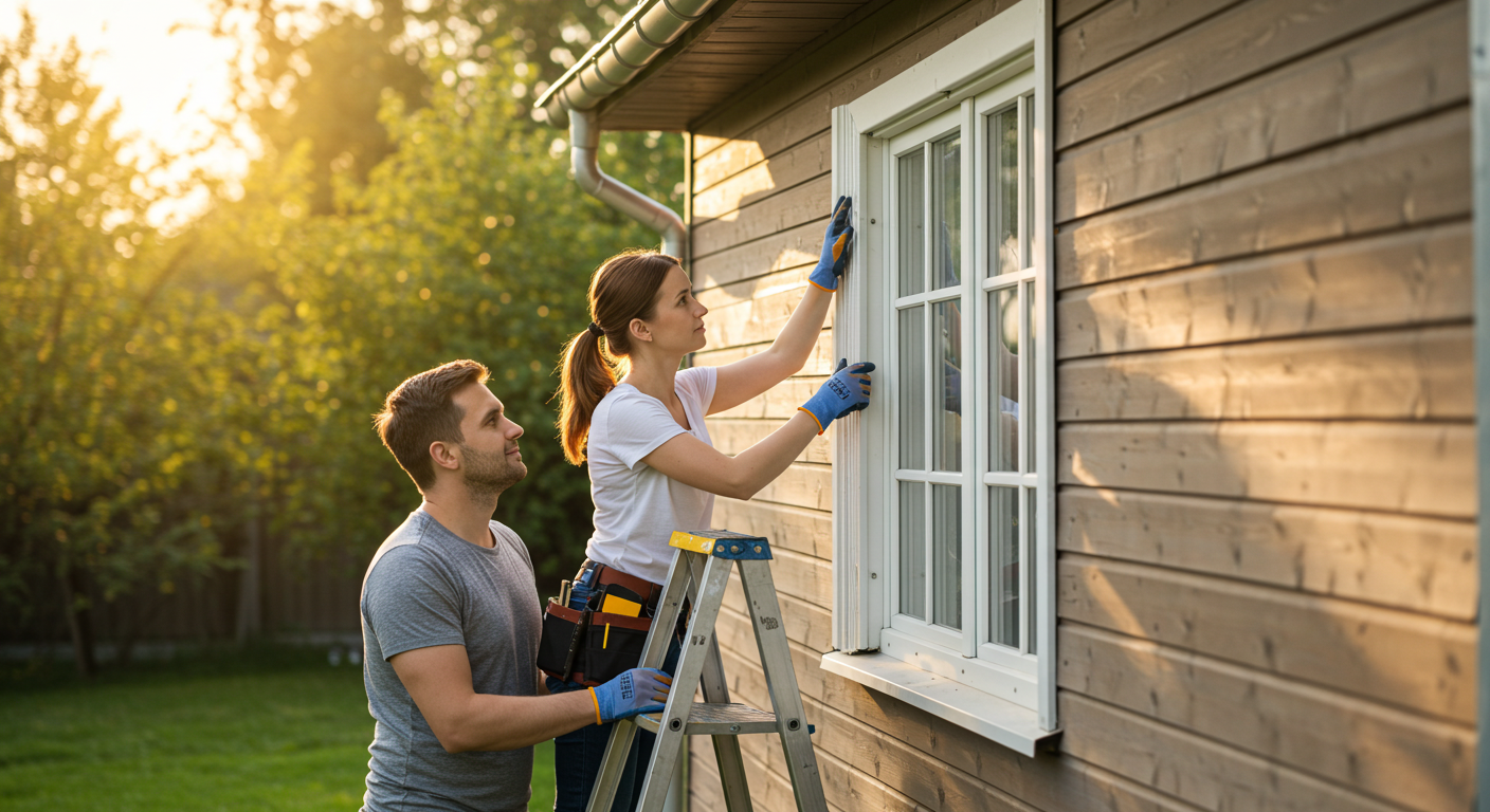 Семья устанавливает декоративные элементы вокруг окна загородного дома
