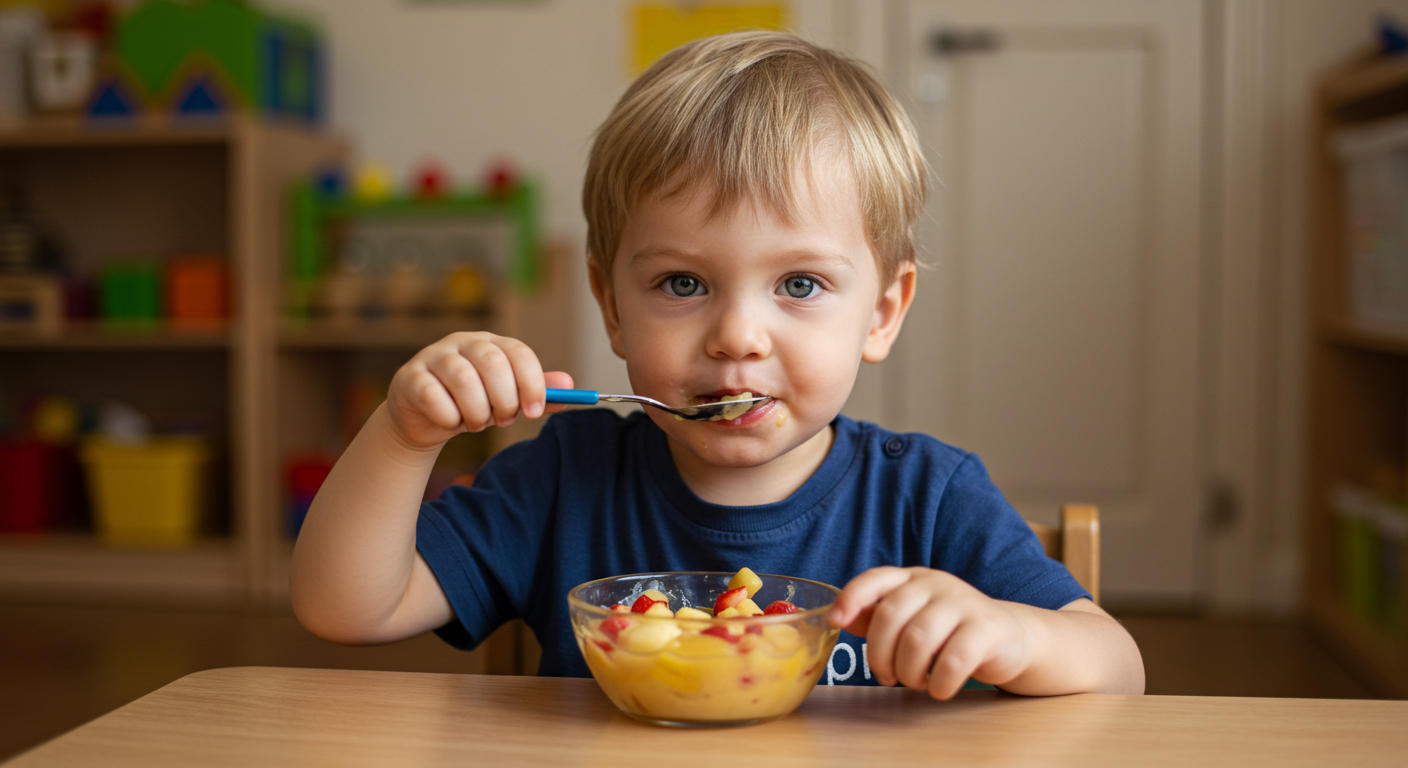 Трехлетний мальчик ест фруктовый салат на столике в детском саду