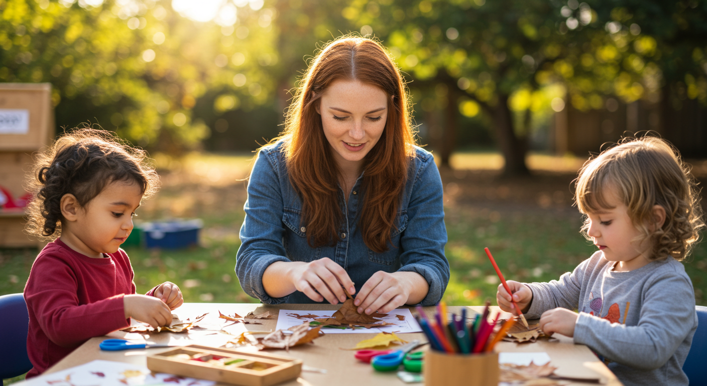 Учительница помогает детям создавать коллажи из листьев на улице