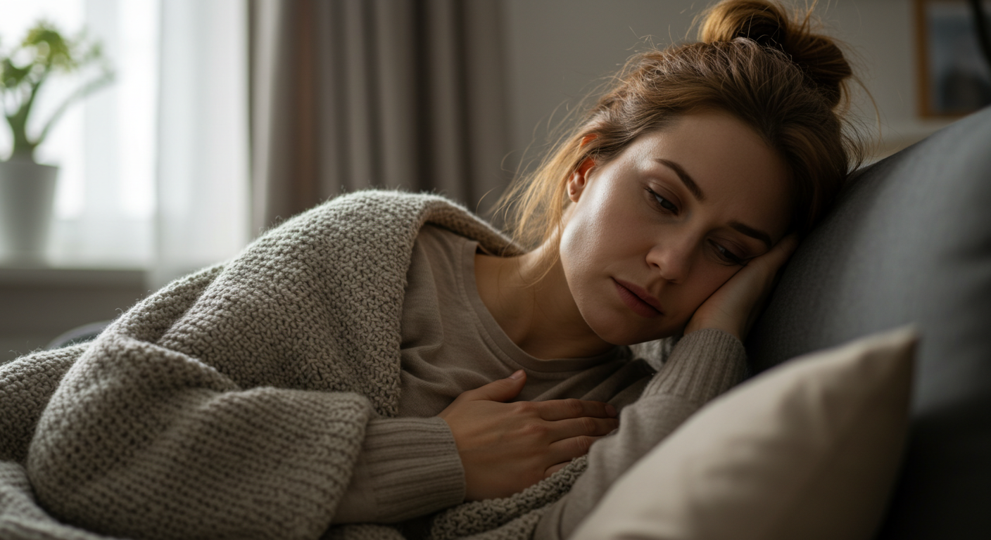 Усталая мама отдыхает на диване, завернувшись в плед у окна