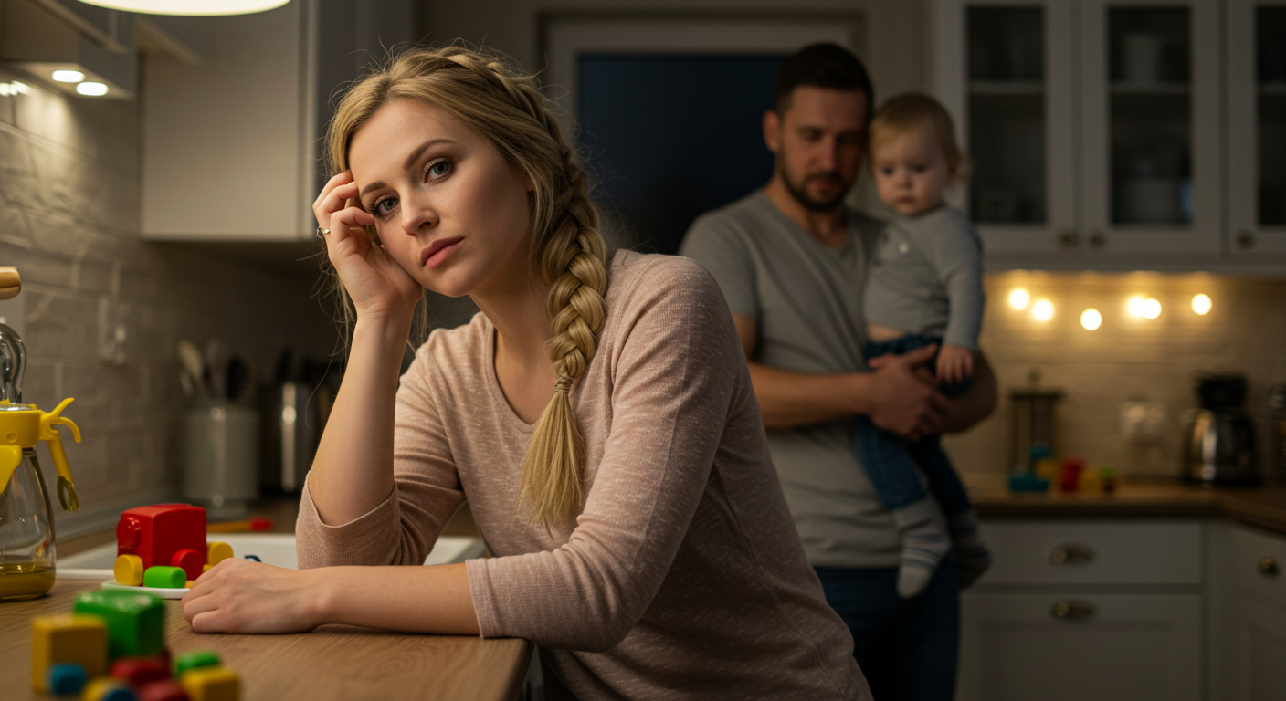 Уставшая мама с партнером и малышом на кухне с уютным освещением