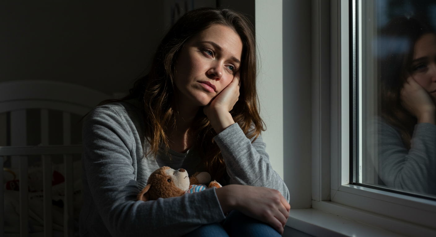 Уставшая мама сидит у окна с мягкой игрушкой на коленях