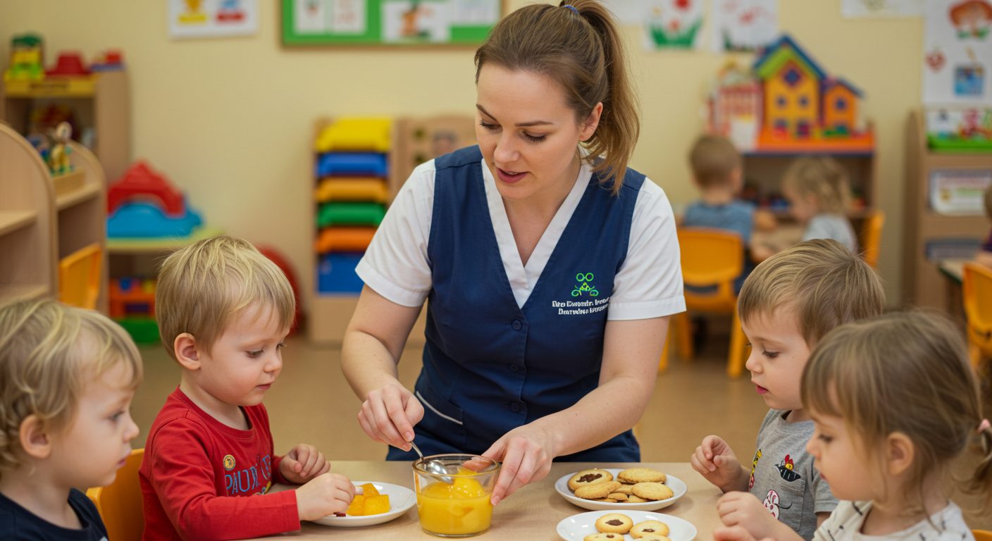 Воспитательница подает фруктовое пюре и печенье детям в детском саду