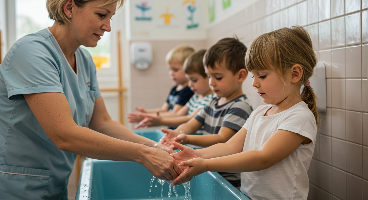 Воспитательница помогает детям мыть руки перед полдником в детском саду