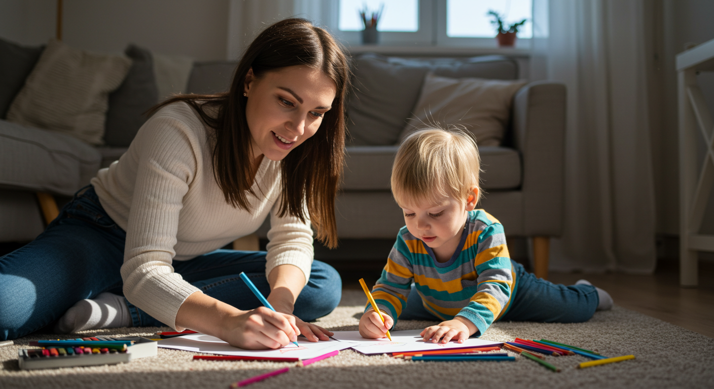 Женщина с сыном рисуют на полу в уютной игровой комнате