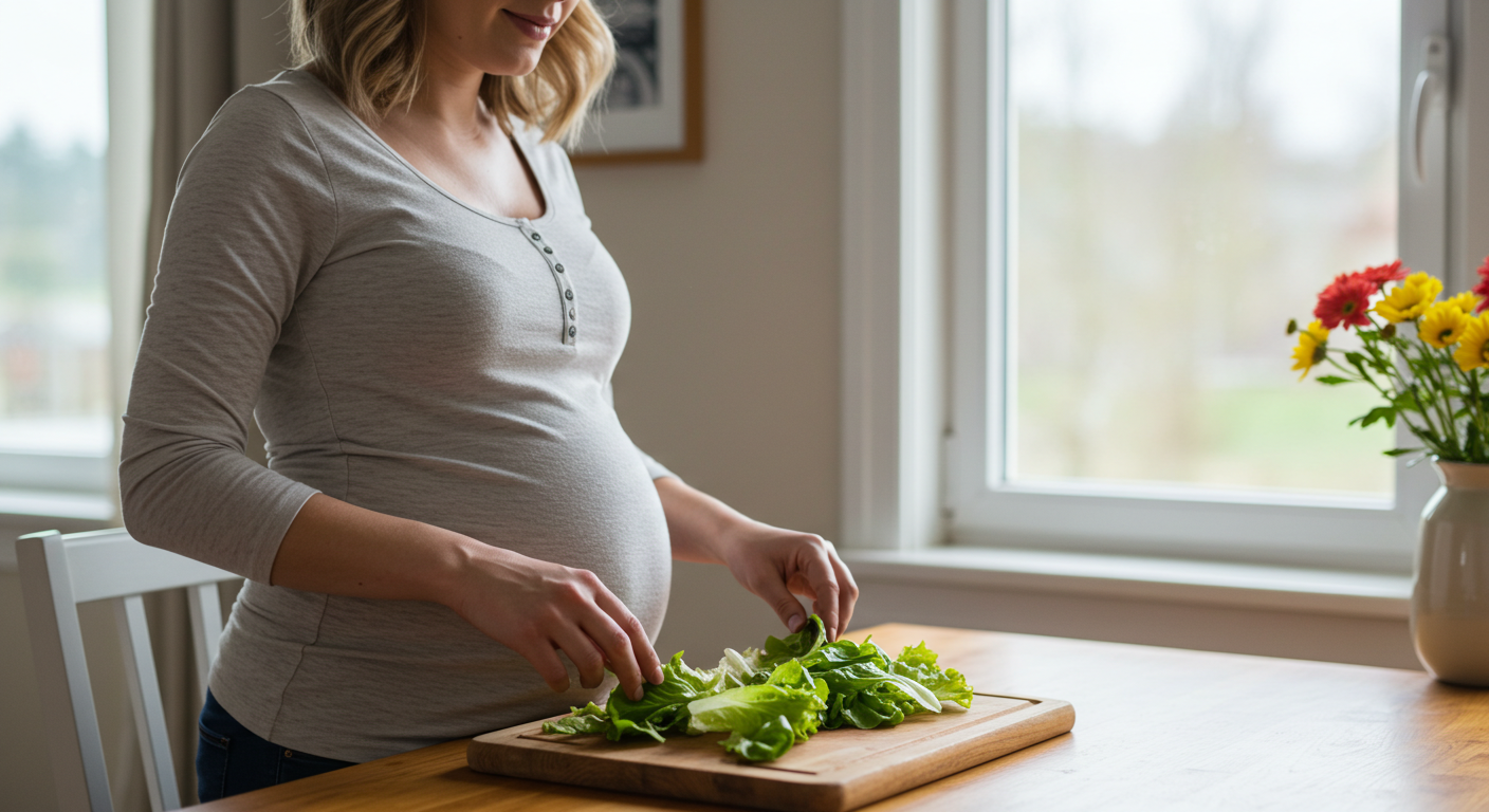 Беременная женщина аккуратно раскладывает листья салата на столе