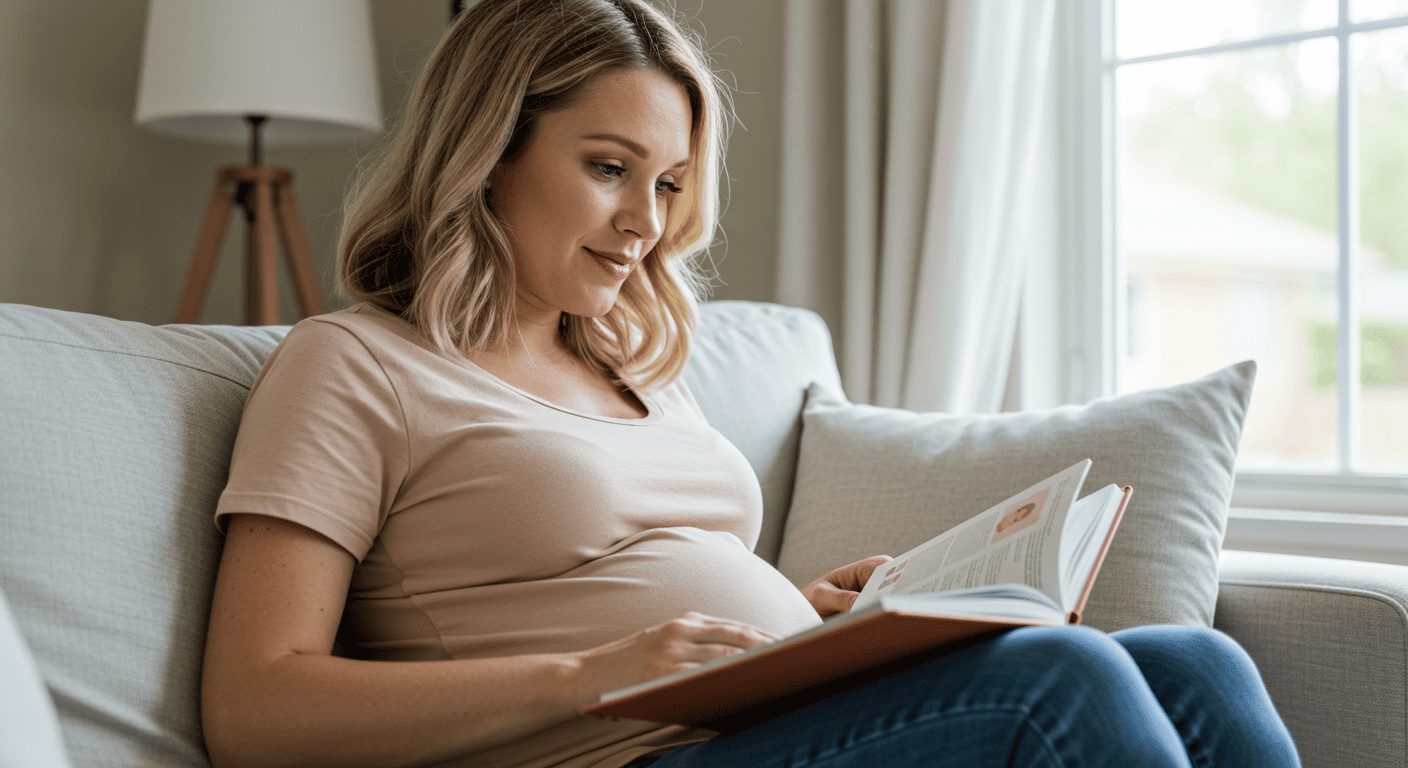 Беременная женщина читает журнал о ребенке, сидя на диване