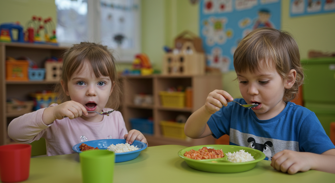 Дети едят ужин из цветных тарелок в уютном игровом уголке садика