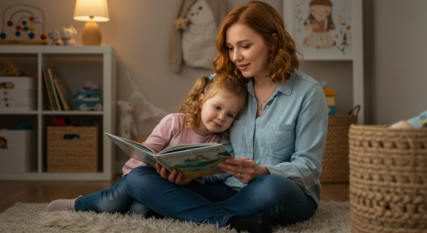 Мама читает книгу дочери в уютной детской комнате