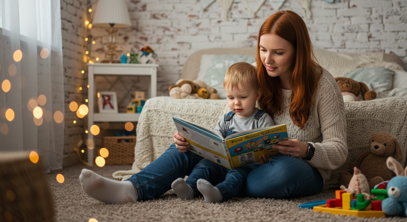 Мама читает книгу сыну у белой кирпичной стены в комнате