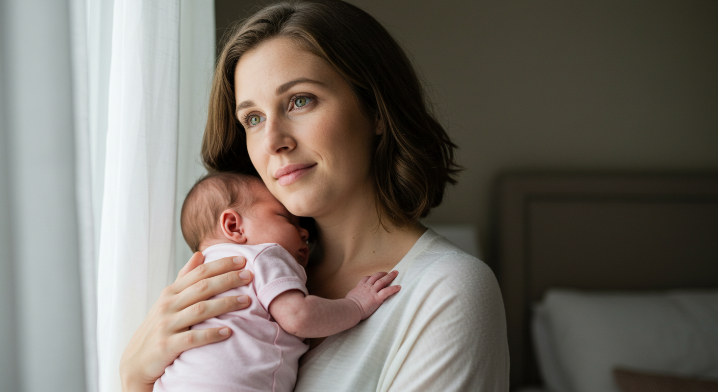 Мама держит новорожденную дочку и смотрит в окно, выражение задумчивое