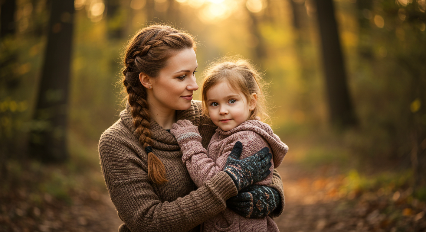 Мама гуляет с дочерью по лесной тропинке, осенние листья вокруг