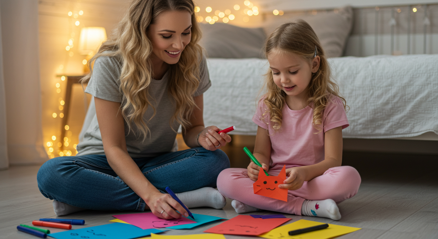 Мама и дочь рисуют лица на кошках оригами в спальне