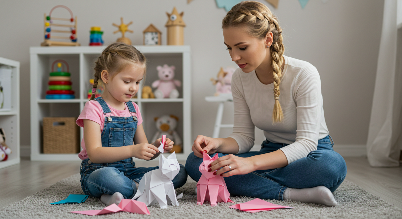 Мама и дочь собирают 3D кошку оригами из бумаги на ковре
