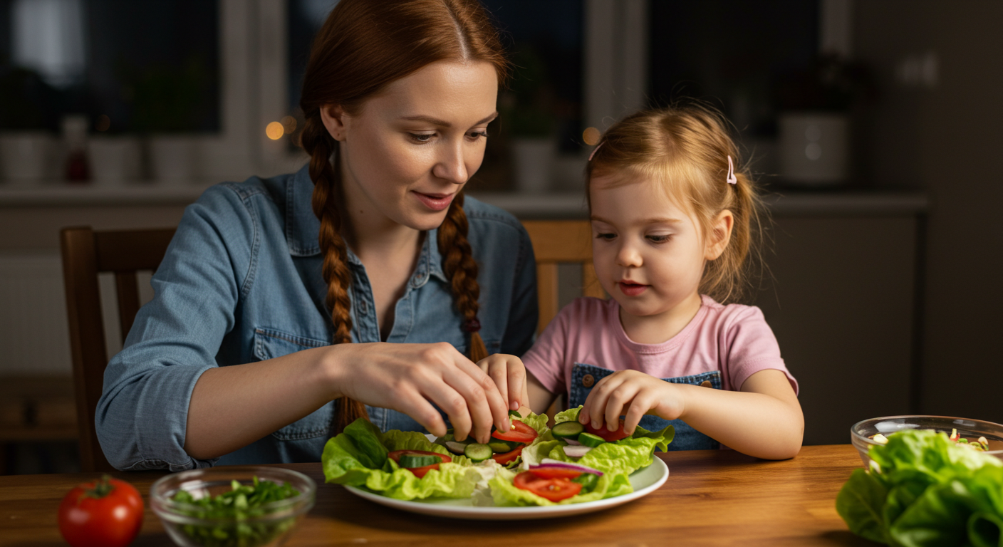 Мама и дочь украшают рулетики из салата с овощами на тарелке