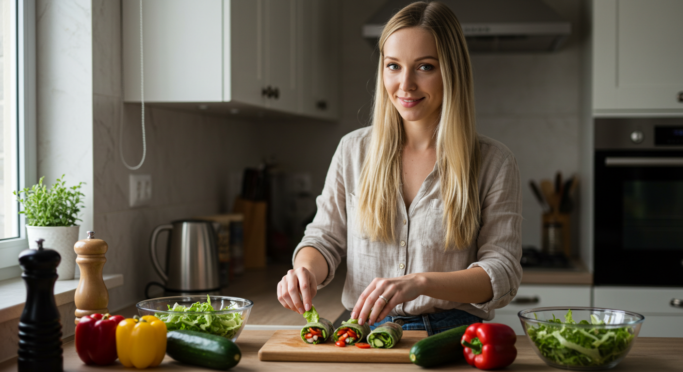 Мама и сын готовят начинку для рулетов из листьев салата на кухне
