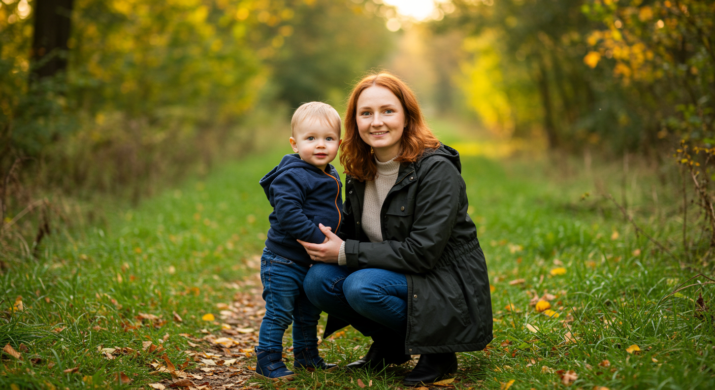 Мама и сын гуляют по лесу, ребенок указывает вперед, осенние листья вокруг