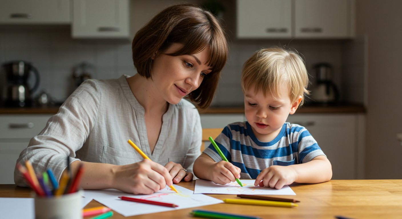 Мама и трехлетний сын рисуют на кухонном столе под утренним светом