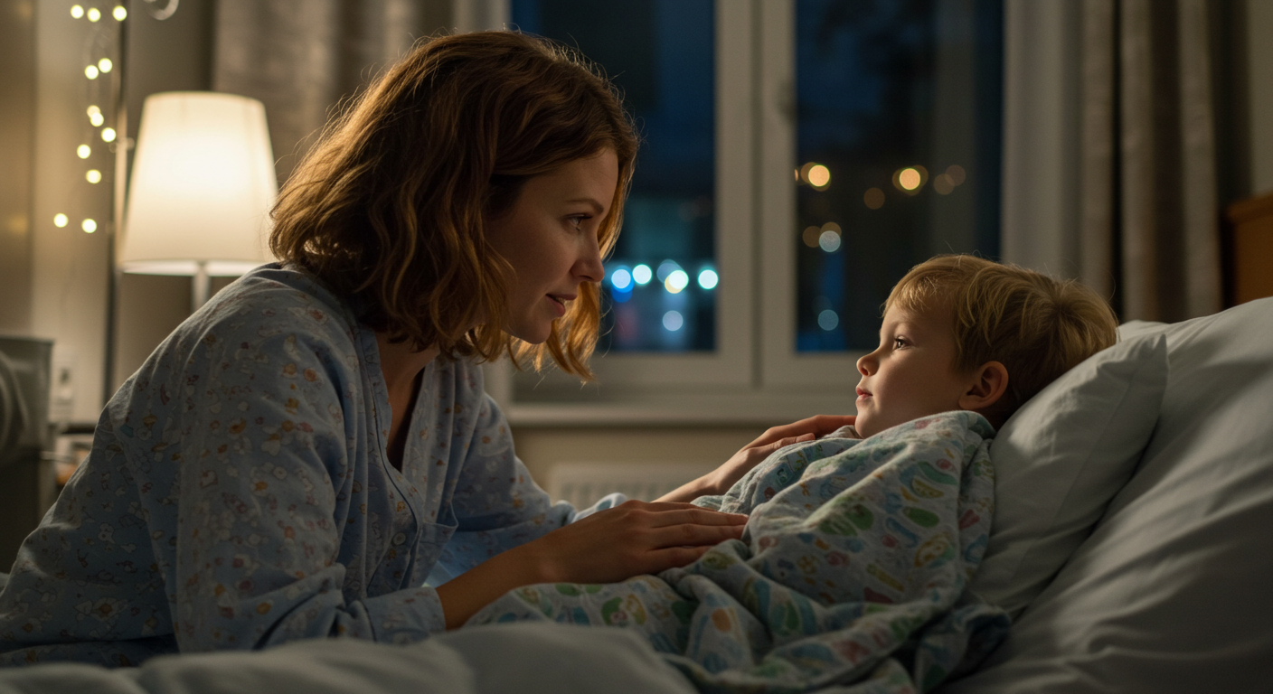 Мама общается с сыном после ужина в больничной палате