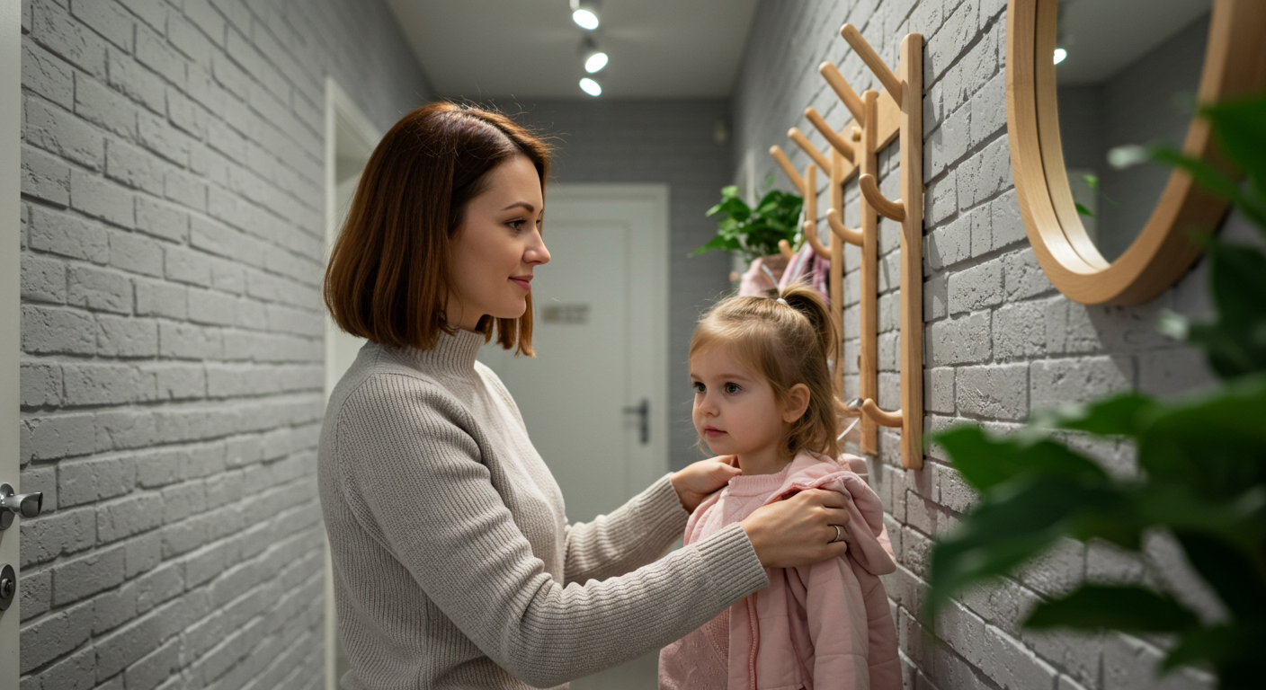 Мама помогает дочери повесить куртку на вешалку у кирпичной стены в прихожей