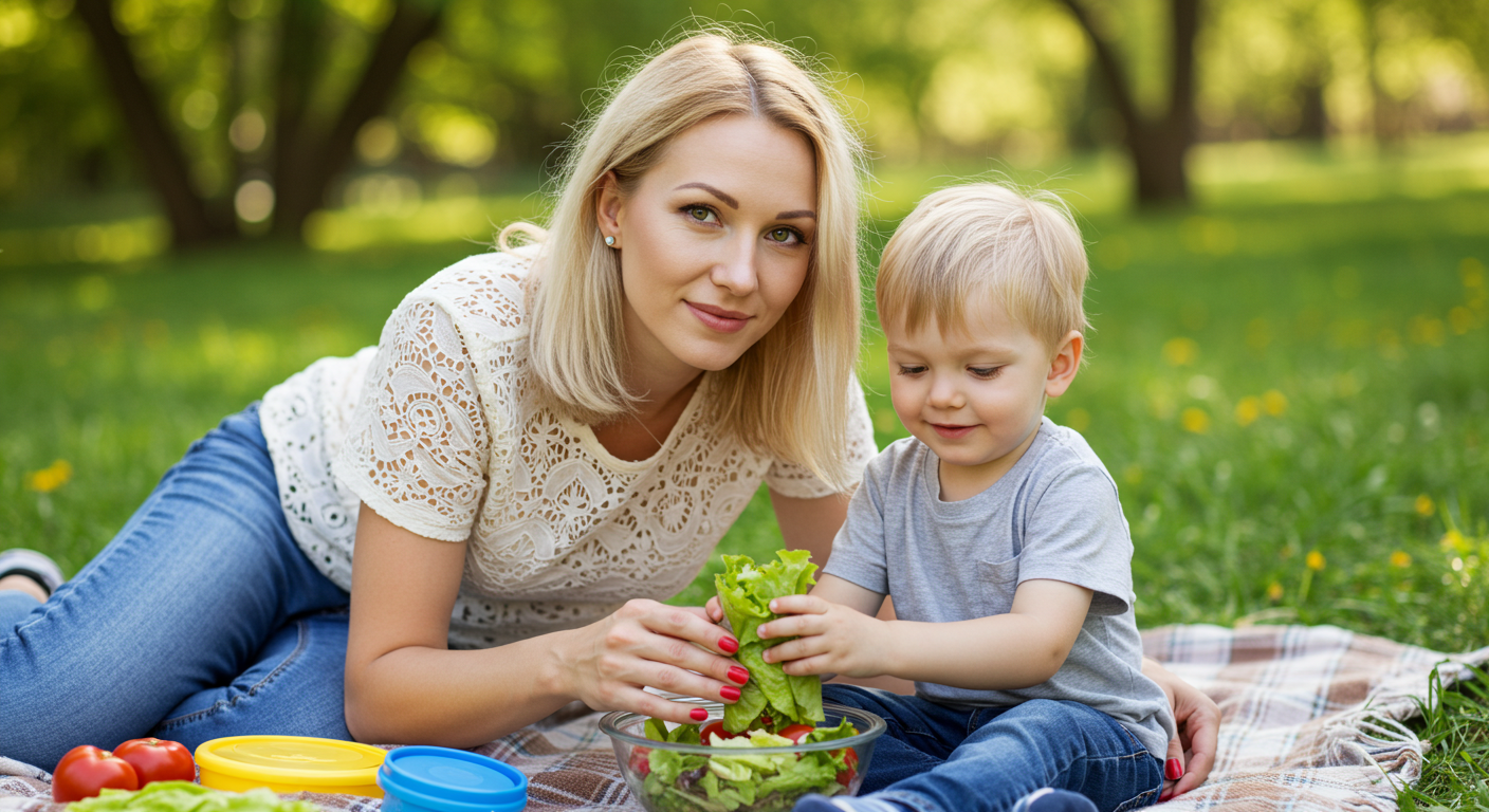 Мама помогает сыну завернуть салатный рулет на пикнике в парке