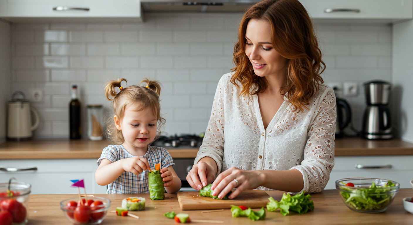 Мама с дочерью собирают веселые рулетики из салата с яркими ингредиентами