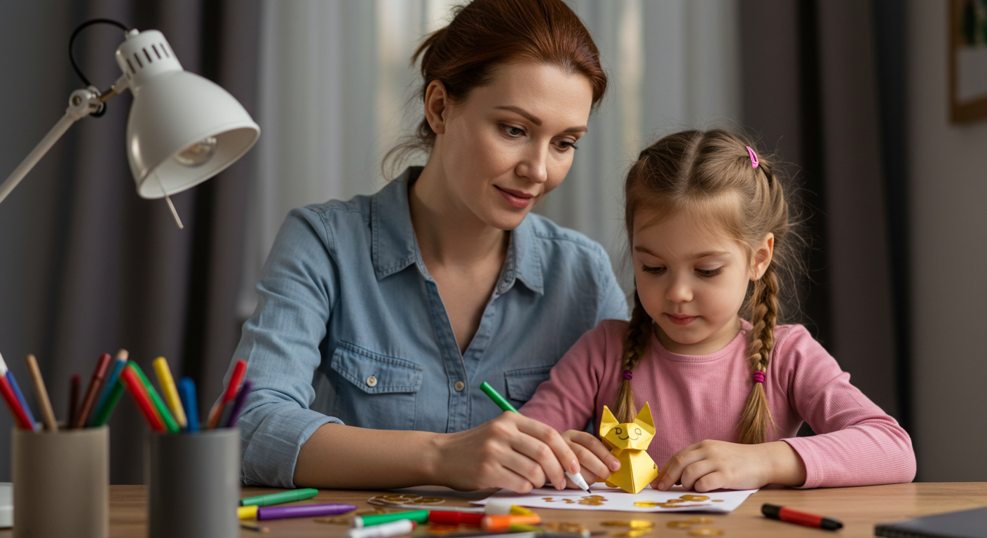 Мама с дочерью украшает готовую бумажную кошку оригами золотыми наклейками