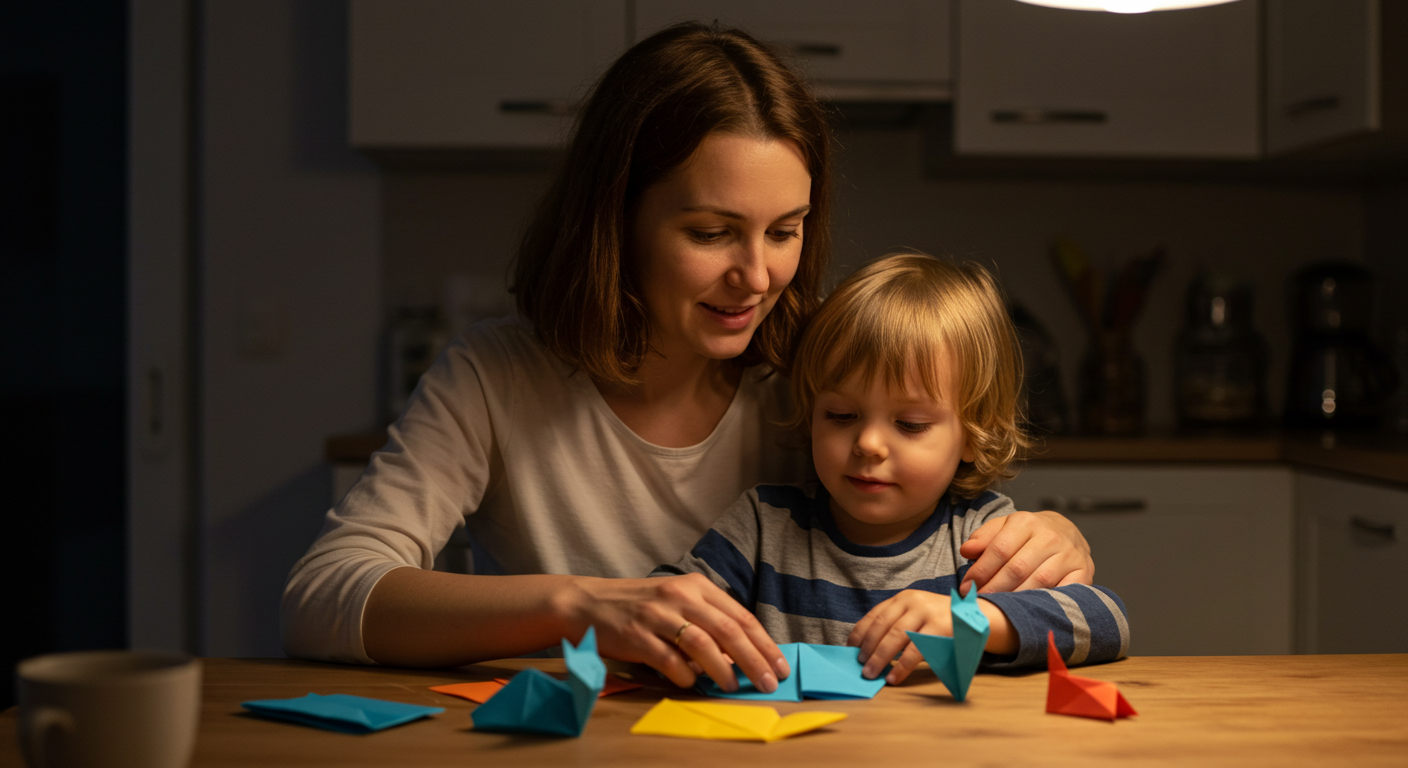 Мама с сыном складывают простую кошку оригами за столом на кухне