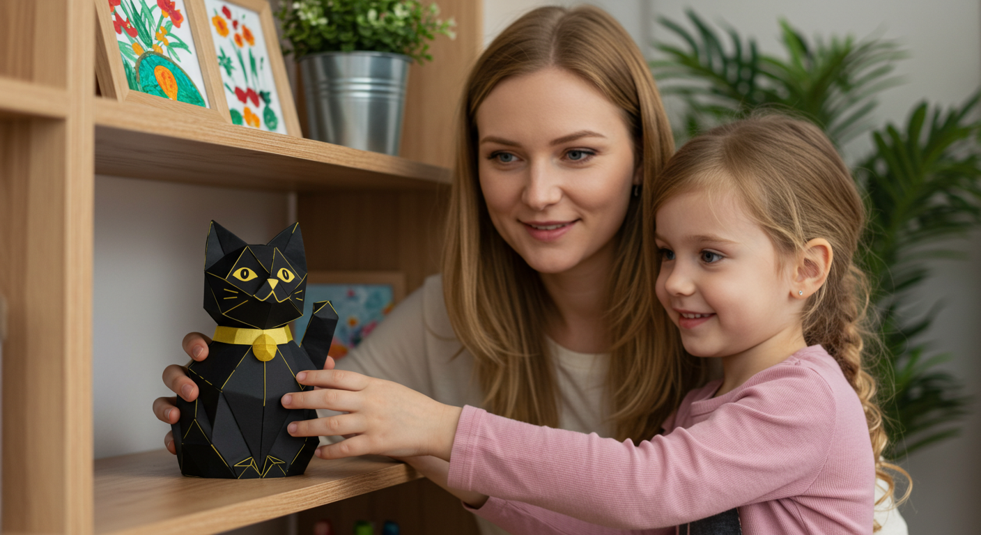 Мама ставит черную и золотую бумажную кошку оригами на полку рядом с дочерью