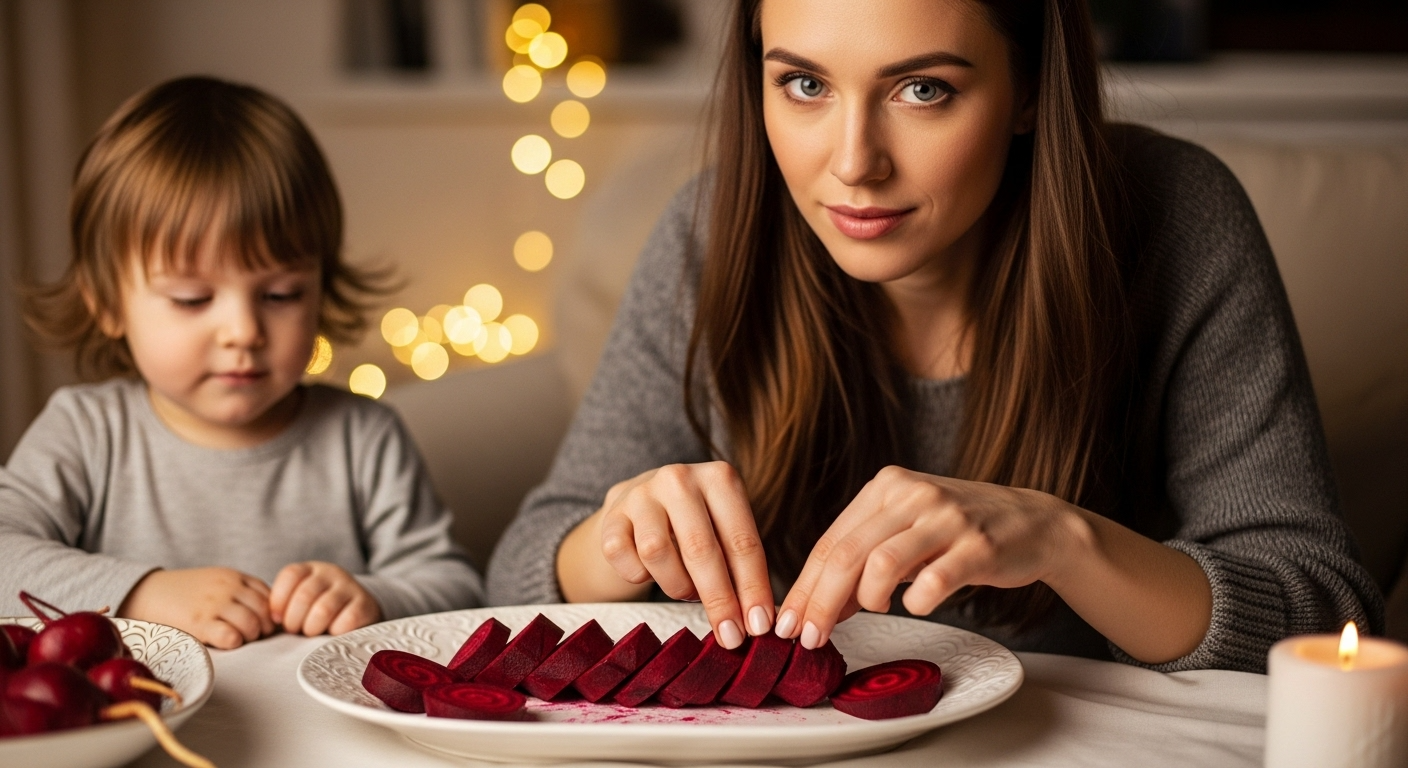 Мама выкладывает свекольные рулеты на праздничное блюдо, ребенок рядом