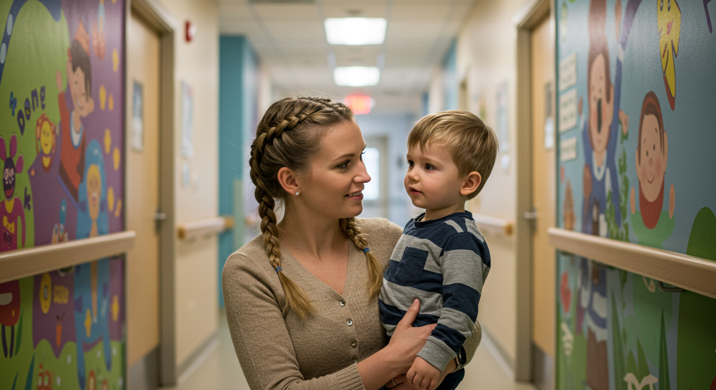 Мать и сын рассматривают мурал в детской клинике